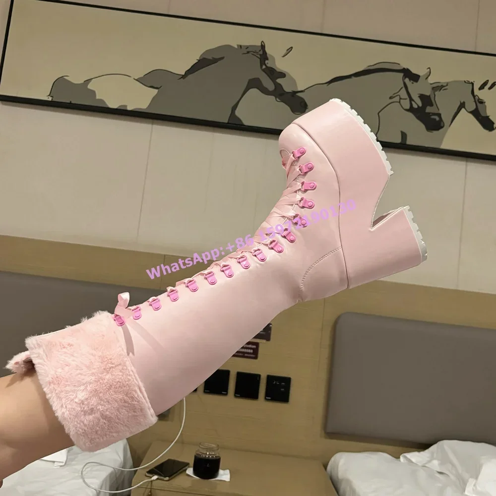 Ribbon Tie Heel - Botas de Inverno Rosa Peludas com
