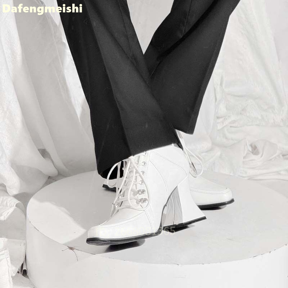 Botas de Couro Branco com Bico - Block Heel Ankle Boots avaliação e preço