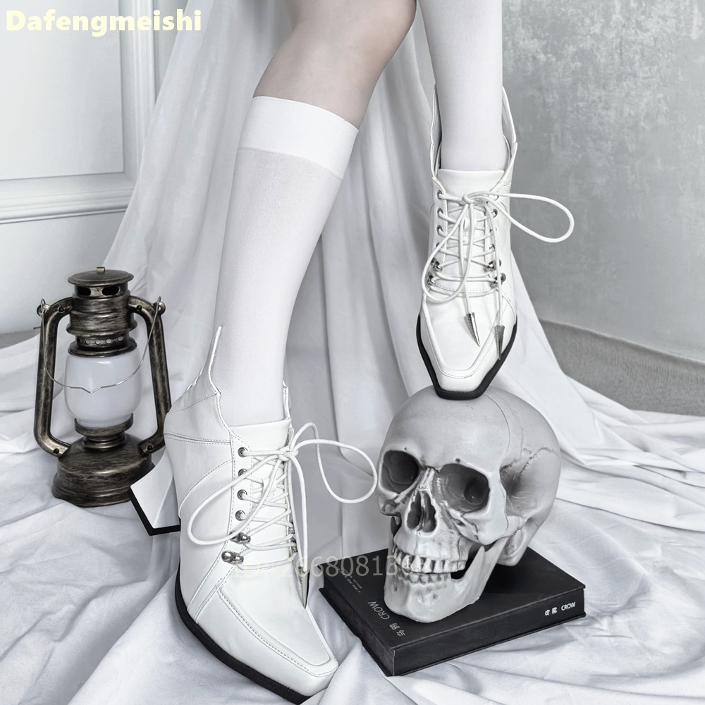 Botas de Couro Branco com Bico - Block Heel Ankle Boots avaliação e preço